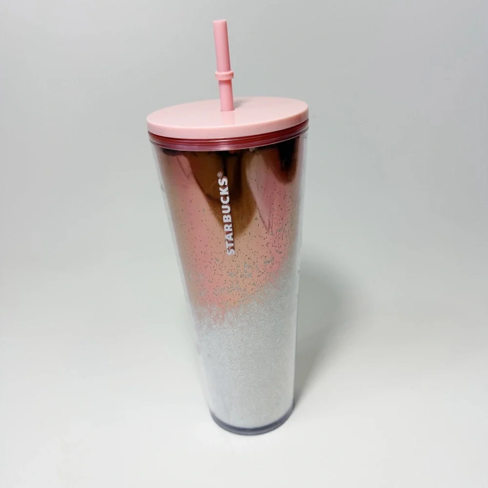 Starbucks Holiday 2019 Cascading Snow Rose Gold Glitter 24 oz. Cold Cup Tumbler